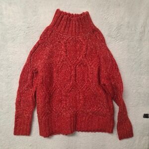 3rd Red Marled Cable Knit Mock Neck Sweater Mens Medium Chunky Winter Pullover